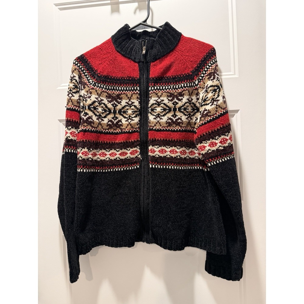 Erika‎ Fair Isle Zip Up Sweater Jacket Nordic Winter Chunky Knit Women's M